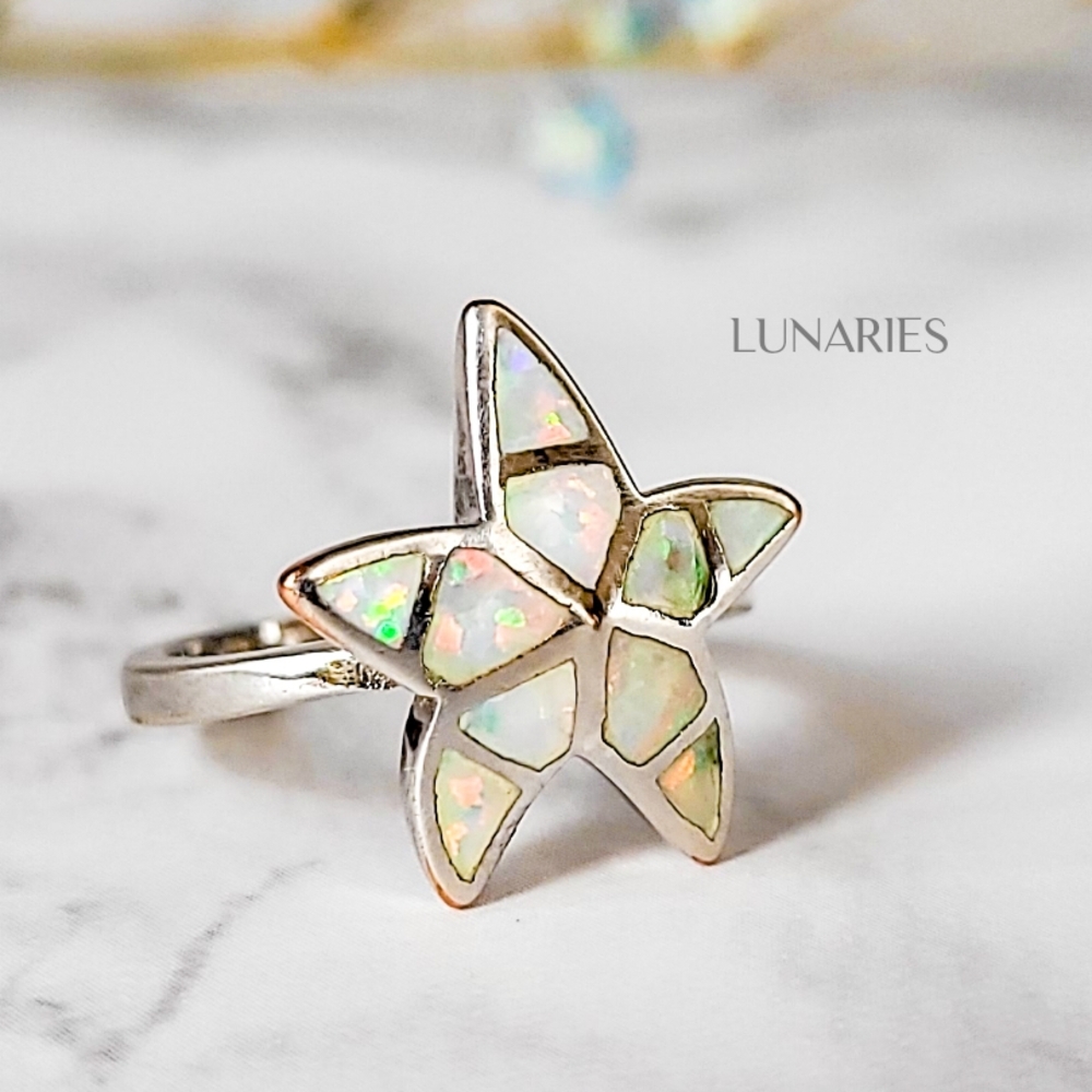 925 Sterling Silver Starfish Ring with White Fire Opal Inlay, Size 6